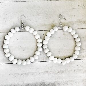 Handmade White Wood Beaded Hoop Earrings